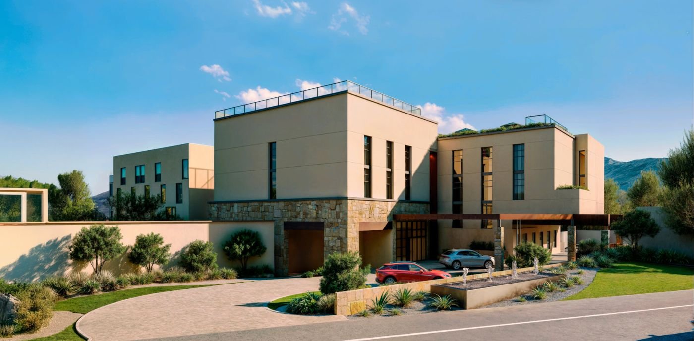 Residencia con jardín y montañas al fondo en Monterrey