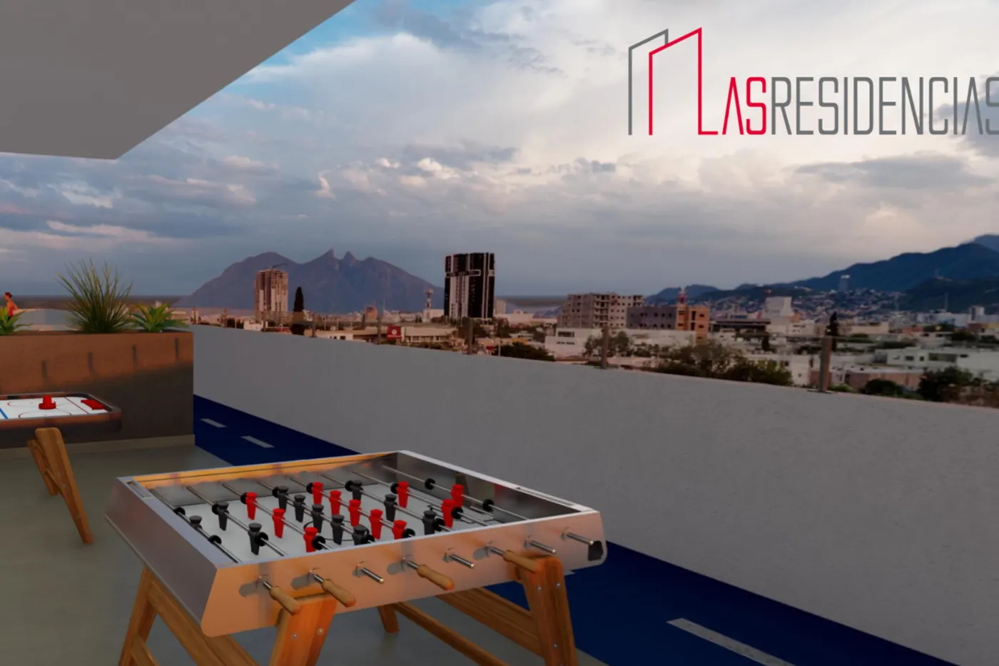 Tour virtual 360 con renders de la terraza de juegos de un desarrollo en preventa en Monterrey